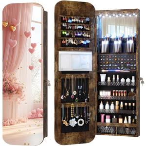 Vlsrka 6 LEDs Mirror Jewelry Cabinet Door Hanging, 47.2" Wall Mounted Jewelry Cabinet, Lockable Full Length Mirror with Storage, Rounded Corner Mirror Jewelry Organizer, 2 Drawers, Rustic Brown