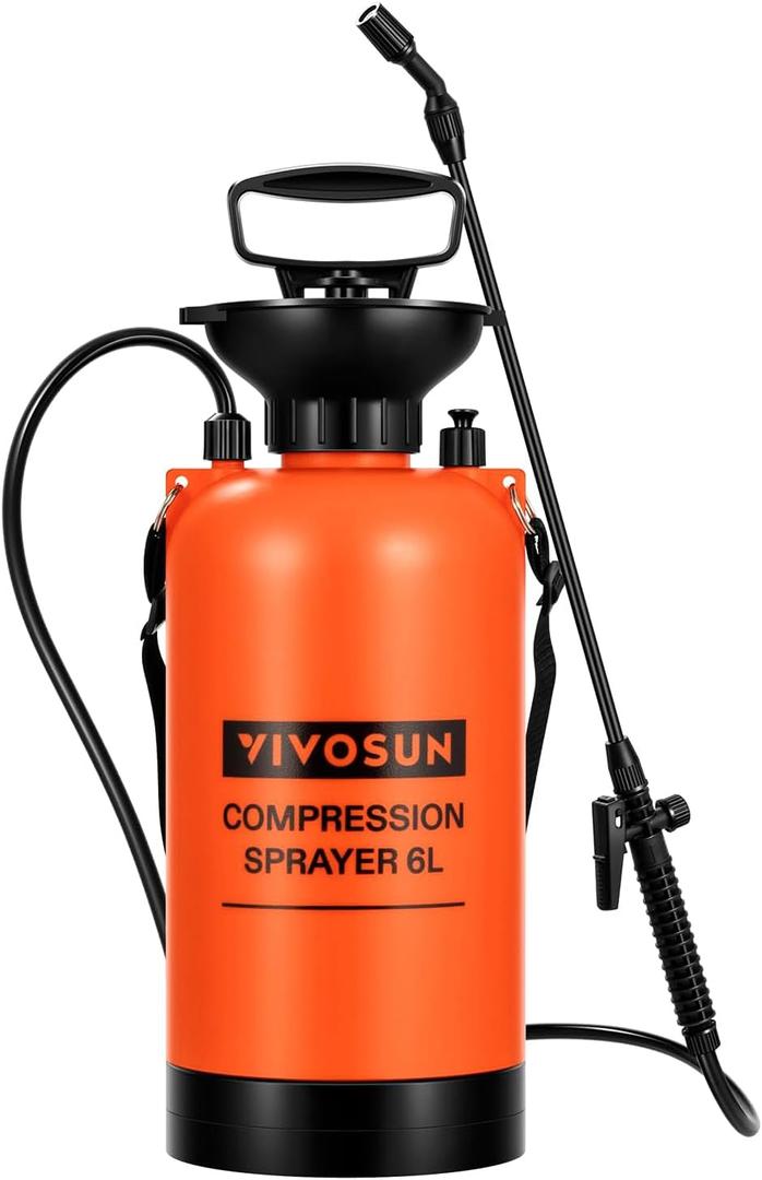 VIVOSUN 1.59-Gallon Pump Pressure Sprayer, Pressurized Lawn & Garden Water Spray Bottle with Adjustable Shoulder Strap, for Plants Spraying, Garden Watering and Household Cleaning (Orange)