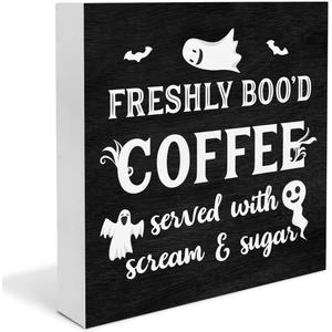 2 x Halloween Decor, Coffee Bar Decorations, Ghost Wooden Decorative Sign, Halloween Kitchen Decor for Desk Table Shelf 5 x 5 Inches