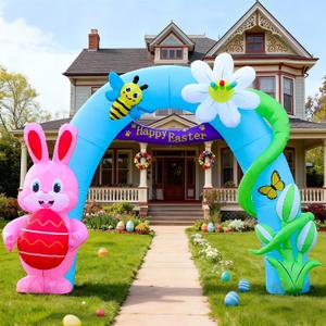 Domkom 12FT Long Huge Easter Inflatable Bunny Archway Outdoor Decorations,Build-in LED Lights Holiday Blow Up Yard Decoration, for Easter&Spring, Outdoor,Garden, Yard Lawn Dcor