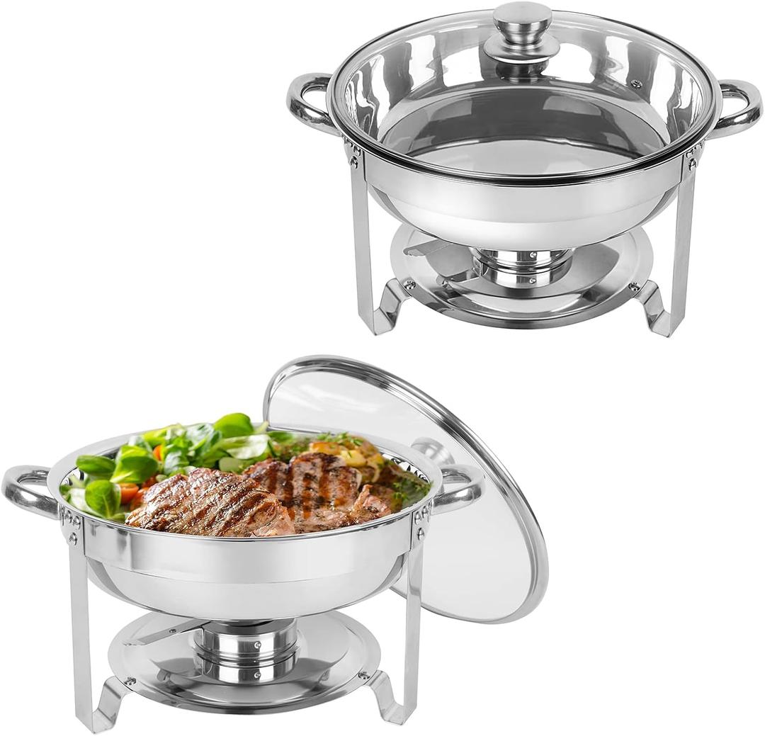 IMACONE Chafing Dish Buffet Set of 2, 5QT Round Stainless Steel Chafer for Catering in Glass Lid, Chafers and Buffet Warmer Sets w/Food & Water Pan, Frame, Fuel Holder for Serving Event Party Holiday