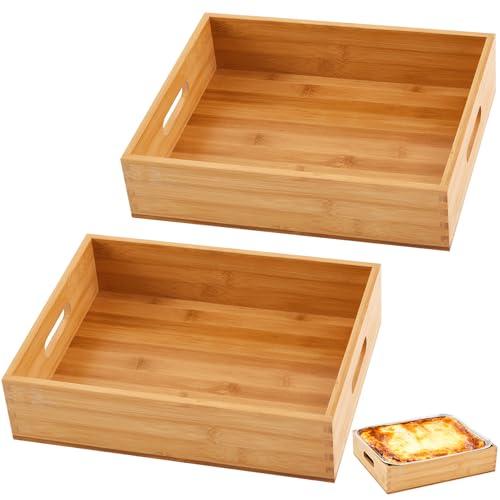 2 Pack Fancy 9 x 13 Foil Pan Holder Bamboo Aluminum Foil Pan Holder Wooden Serving Tray Hot Dish Carrier Dessert Cake Party Supplies and Catering Server Cookware