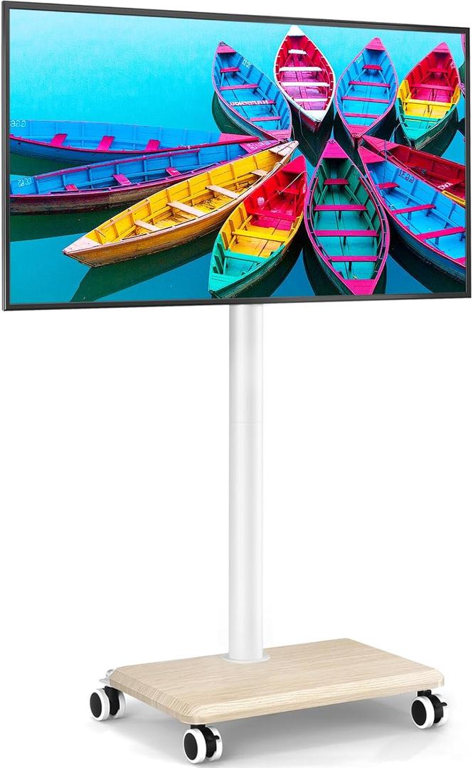 Rfiver Rolling TV Stand for 32 to 55 60 Inch TVs up to 88lbs, Height Adjustable Mobile TV Stand with Wood Base, Space-Saving Design Tall TV Cart Floor Stands for Living Room, Bedroom, Corner (White)