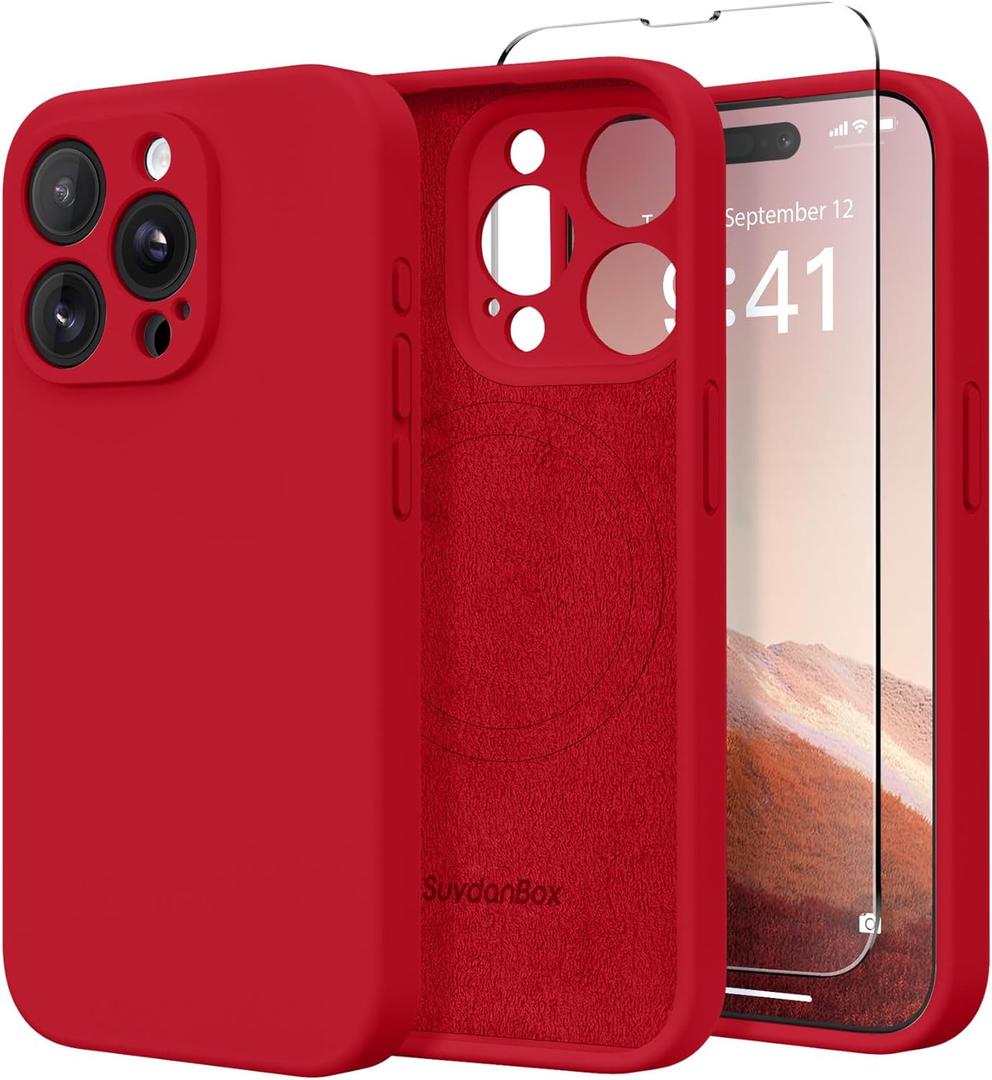 Magnetic for iPhone 15 Pro Case, Compatible with MagSafe, with 9H Nano Screen Protectors, Full Camera Protection, Silicone Shockproof Microfiber Lining Phone Case 6.1", Red