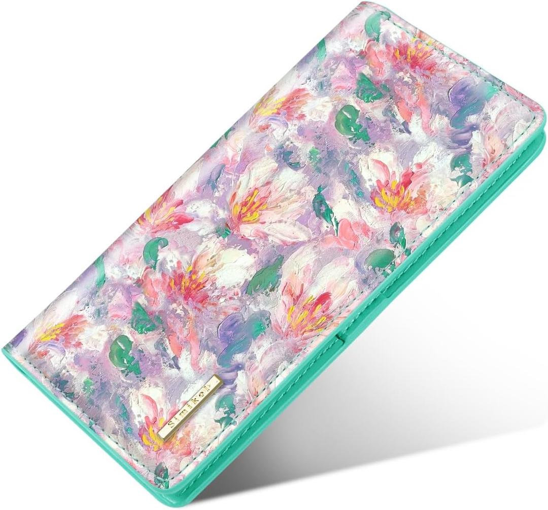 Ultra Slim Womens Wallet Minimalist Thin Long Leather Bifold Wallet RFID Blocking Card Holder Organizer with Zipper Coin Pocket Ladies Girls Gift Purse, Spring Garden