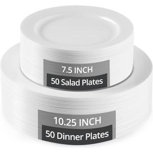 100 Pack White Plastic Plates Disposable, 10.25" & 7.5" Heavy Duty Shatterproof Plates for Large Party, Wedding, Catering (50 Large & 50 Small)