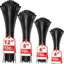 Cable Zip Ties,400 Pack Black Assorted Sizes 12+8+6+4 Inch,Multi-Purpose Self-Locking Nylon Cable Cord Management ,Plastic Wire Ties for Home,Office,Garden,Workshop. By HAVE ME TD