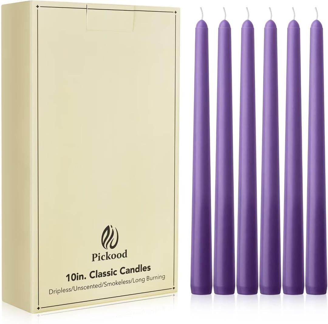New Burning Formula Unscented Dripless 10-Inch Taper Candles Set of 12 - Purple, for Wedding, Dinner - Smokeless, Long Burning - Hand Poured, Colored Tall Candlesticks - Prpura