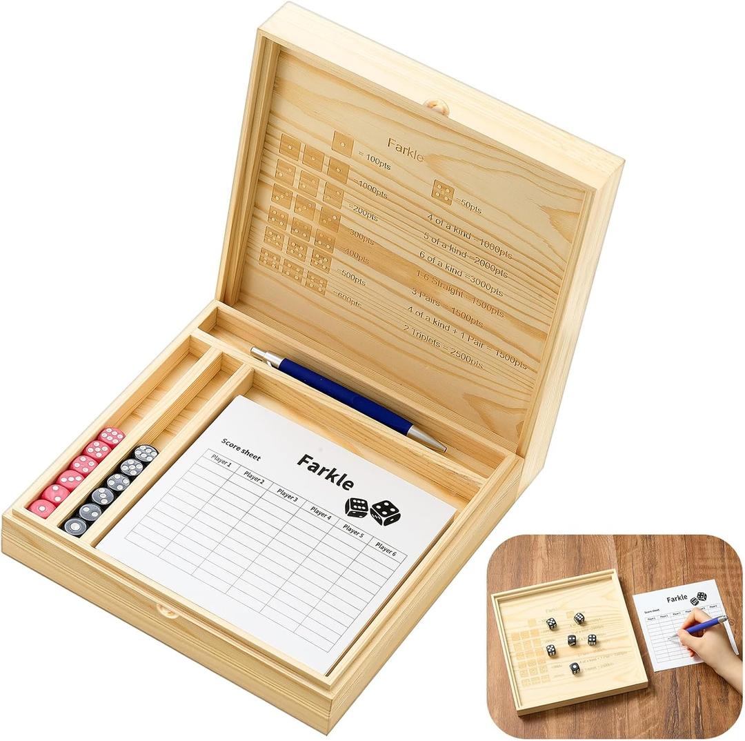 8.66 Inch Farkle Wooden Dice Tray and Storage Case with Lid Printed Rules Classic Board Game Set Includes 2 Sets of 6 Pearl Dice, 50 Scoreboard and Pen 1 Pen for Classic Family Game Wood Color