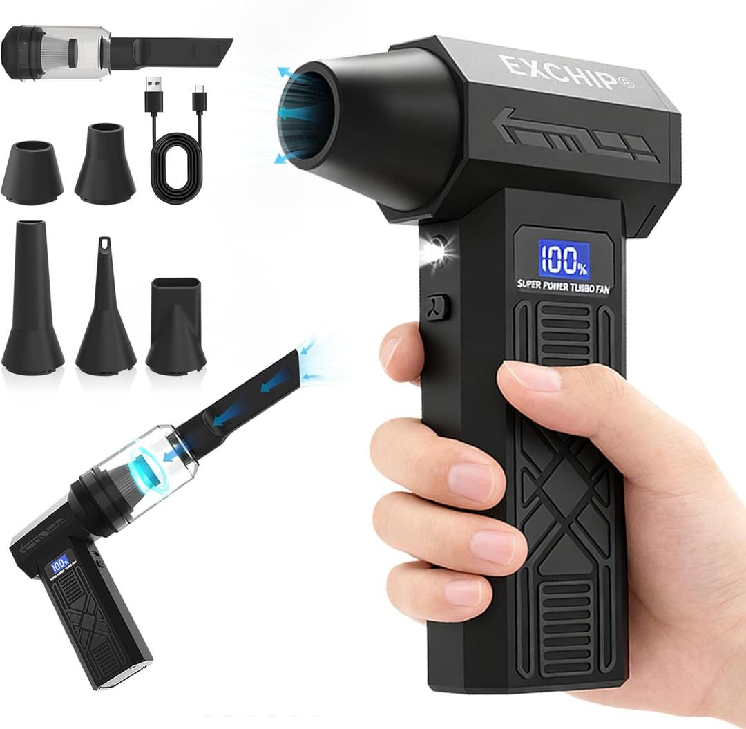 2-in-1 Compressed Air Duster & Vacuum  150000RPM Electric Air Duster Rechargeable with Color Display, LED Light, 4-Speed Adjustable Mini Air Blower Cordless Duster for Keyboard, Printers, Car