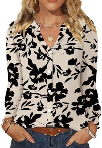 LOMON Button Down Shirt Women Fall Lantern Long Sleeve Blouses Casual Shirts Size XL