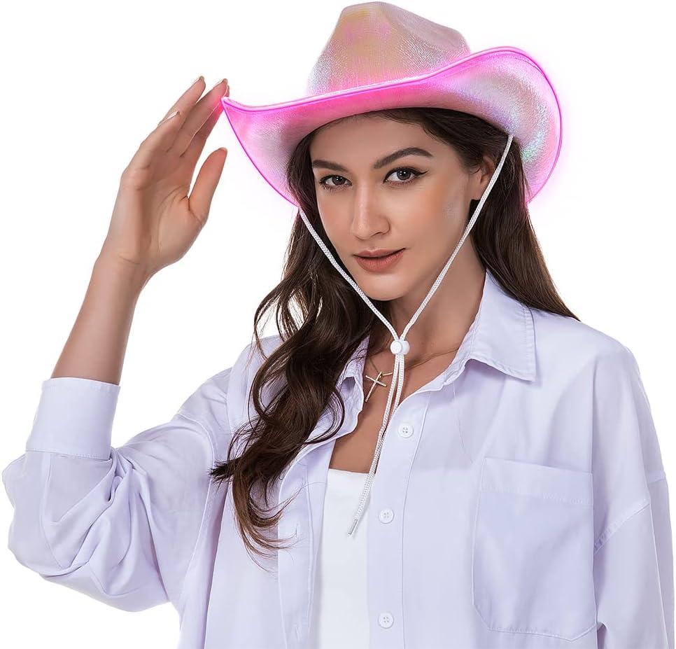 HSCTEK Light Up Holographic Space Cowboy Cowgirl Hat(Updated EL Wire) (One Size, Pink)