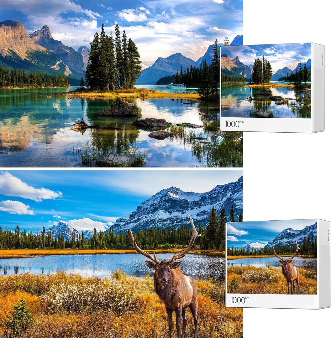 Jigsaw Puzzles for Adults, 2 Pack 1000 Pieces,Spirit Island National Park & Rocky Mountain Impossible Challenging Puzzles for Home Decor Bir