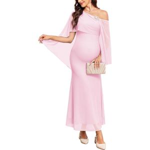 AISWI Cape Maternity Mesh Dress One Shoulder Maxi Mermaid Pregnancy Dress with Brooch Formal Baby Shower Photoshoot, Pink, Small