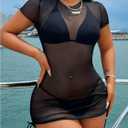 RoseSeek Women's Sheer Mesh Drawstring Ruched Swimsuit Beach Dress Bathing Suit Cover Up (Black, XS)