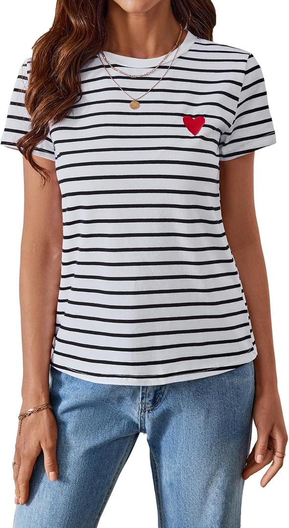 SweatyRocks Women's Heart Striped T Shirt Short Sleeve Shirt Crew Neck Casual Tee Top (White, XS)