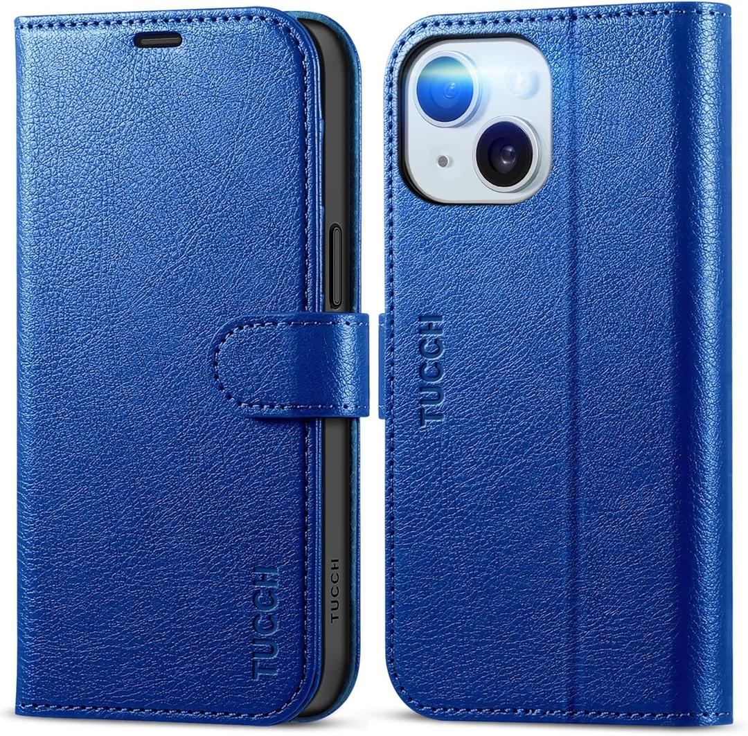 TUCCH Wallet Case for iPhone 15 6.1-inch 5G, [TPU Shockproof Inner Shell] PU Leather [RFID Blocking] 4 Credit Card Holder Magnetic Kickstand Flip Cover Compatible with iPhone 15 6.1" 2023, Klein Blue