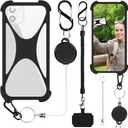 Silicone Phone Lanyard Holder, Universal Phone Tether, Anti-theft Phone Strap Compatible with Most Smartphones (Black+ Reel)
