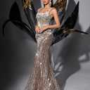 Women's Square Neck Sequin Beaded Mermaid Formal Evening Dress Spaghetti Strap Bodycon Prom Party Cocktail Maxi Gown (Coffee Brown, M)