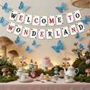 Resurhang 8 Pcs Wonderland Tea Party Decorations 2 6.6ft Welcome to Wonderland Hanging Banners with 6 3D Blue Butterflies Poker Cards Garlands for Birthday Onederland Baby Shower Party Supplies