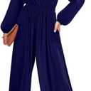 Dokotoo Jumpsuits for Women Lantern Long Sleeves Dressy 2024 One Piece Resort Wear Sexy V Neck Long Pants Smocket Waist Open Back Outfits for Fall Plus Size,Dark Blue XX-Large