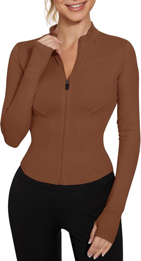 LUYAA Women's Workout Jacket Lightweight Zip Up Yoga Jacket Cropped Athletic Slim Fit Tops (Medium, Brown)