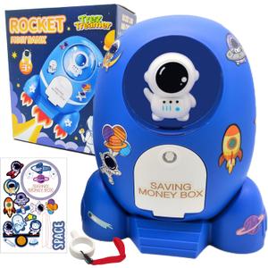 Rocket Ship Piggy Bank for Boys Money Safe Astronaut Piggy Banks for Kids Cash Coin Can ATM Bank Coin Money Bank for Kids with Key Astronaut Sticker Practical Gifts for Children Boys and Girls (Blue)
