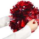 TTSAM 4 Pack (2 Pair) Metallic Foil Cheerleader Pom Poms & Plastic Ring Cheer Poms with Baton Handle Cheerleading Pompoms for Sports Party Dance Team Accessories Cheering Squad Spirit (Red & Silver)