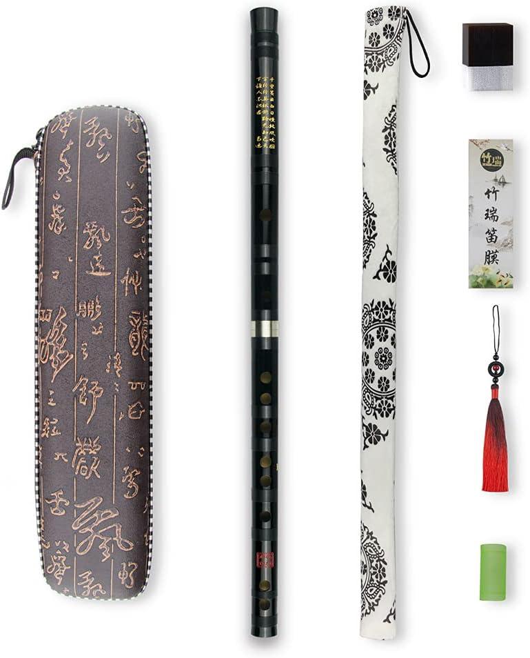 D Key Dizi Black Bitter Bamboo Flute Chen Qing Flute with Free Membrane & Glue & Protector Set Traditional Chinese Instrument (Key of D/Bitter Bamboo Black +Red)