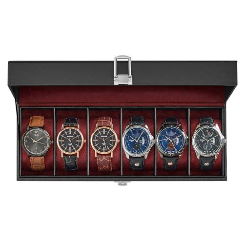 SONGMICS Watch Box, 6-Slot Watch Case Organizer with Large Glass Lid, Removable Pillows, Gift for Loved Ones, Black Synthetic Leather, Wine Red Lining UJWB006R01