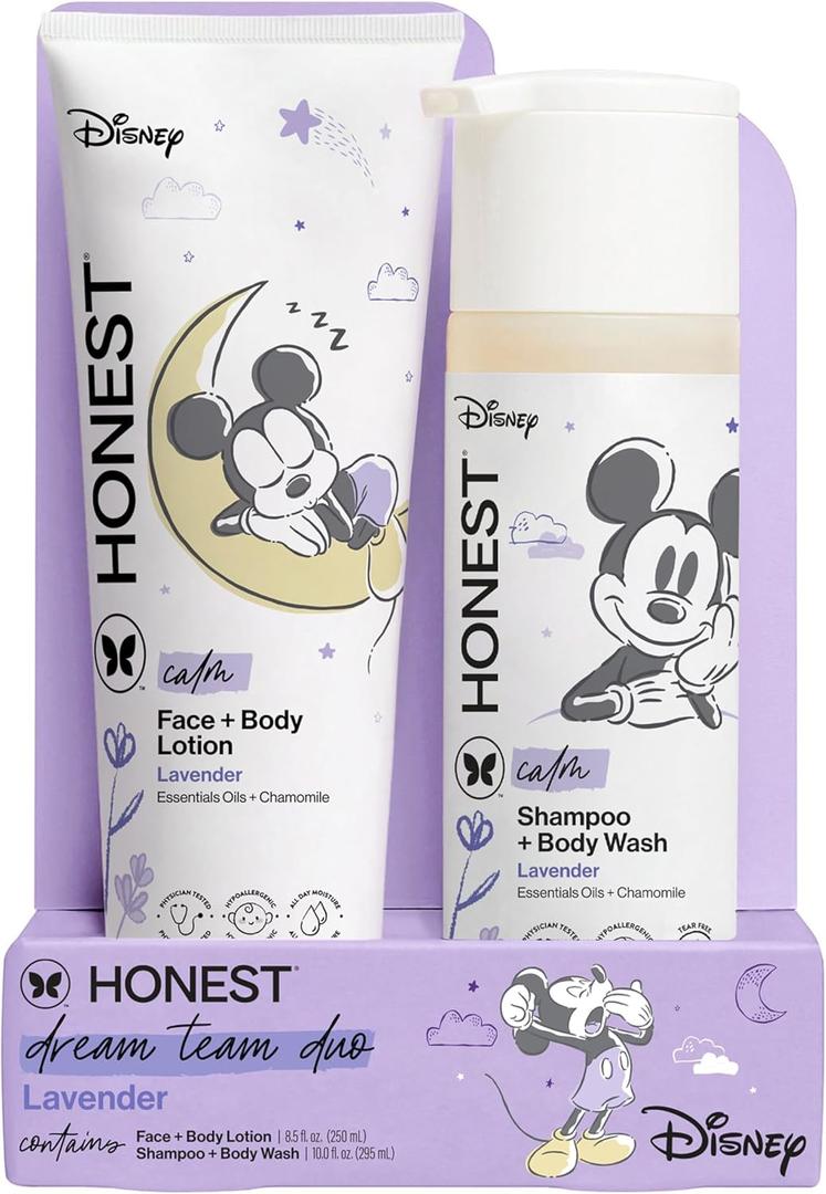 The Honest Company 2-in-1 Cleansing Shampoo and Body Wash Face Lotion Bundle Disney Design Gentle Enough for Baby Dermatologist Tested Calm Lavender 18.5 fl oz