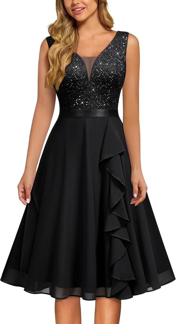 MISSMAY Women's Vintage V-Neck Sequin Formal Party A-Line Dress L