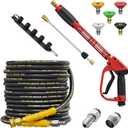 5000PSI Pressure Washer Gun and Hose Kit, 50FT Kink Resistant Steel Braided Power Washer Hose with 3/8" Swivel Quick Connector and M22 14mm Adapters Replacement/30" Extension Washer Wand