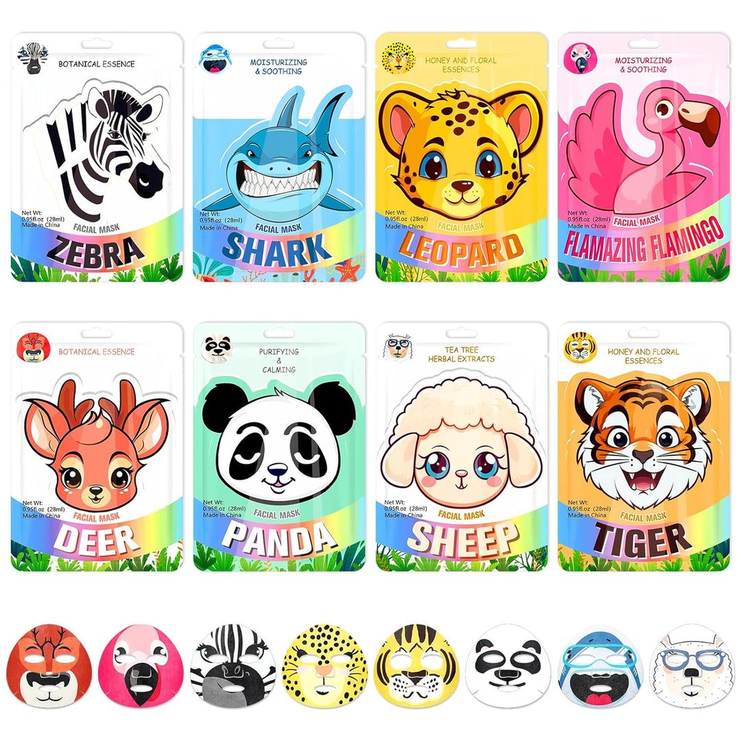 8 Pcs Animal Face Masks Bulk Spa Sheet Skincare Facial Mask Funny Face Skin Care for Women Girls Sleepover Slumber Party