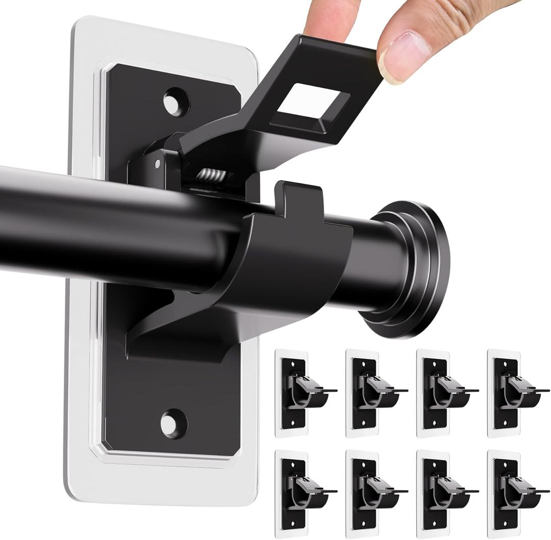 8PCS No Drill Curtain Rod Bracket, Self Adhesive Curtain Rod Holders, No Hole, Multipurpose Nail Free Curtain Rod Hooks for Bathroom Living Room Kitchen and Bedroom (Black) (8 Pack)