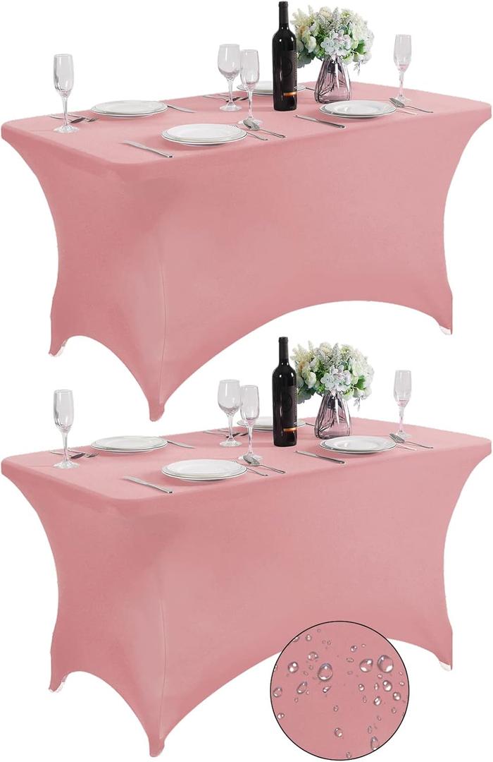 SuperO 2Pack Waterproof Spandex Table Cover for 4FT Table Universal Fitted Stretch Tablecloth for Party, Banquet, Wedding and Events-Dusty Pink