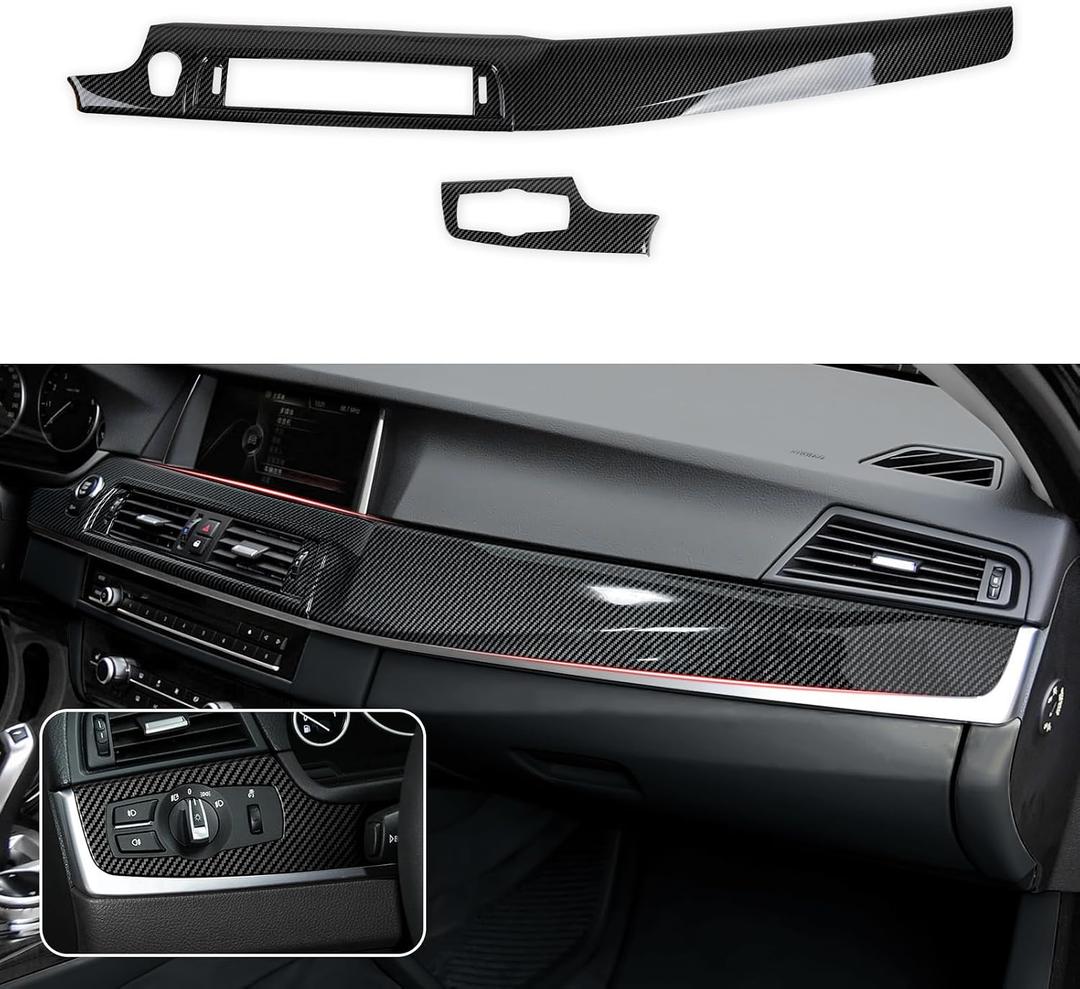 2PCS Car Dashboard Cover Panel Sticker Carbon Color ABS Decal Trim fits for BMW F10 F11 2011 2012 2013 2014 2015 2016 5 Series Accessories, 2" x 17" x 0.5" inches