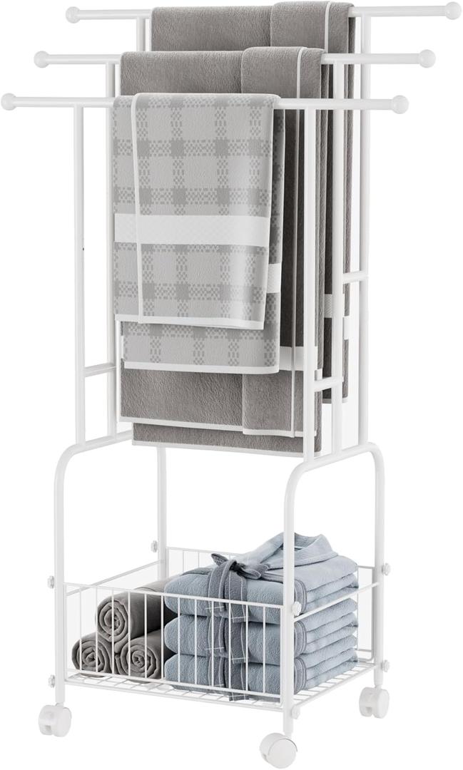 Towel Racks for Bathroom, 42" H 3-Tier Durable White Reinforced Alloy Stand with Wheels and Basket, Free Standing Towel Rack, Multi-Use Blanket Rack for Indoor/Outdoor Bathroom Display