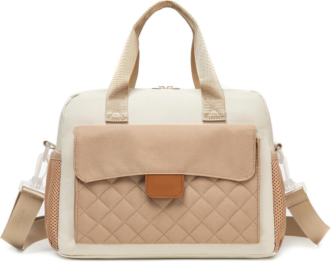 Beaulyn Stylish Lunch Box for Women,Cute Quilted Lunch Box for Girls, Insulated Lunch Bag with Multi-pockets, Snap Closure & Shoulder Strap,ReusableLunchbox Tote Bag for Work Shcool Picnic (Beige)