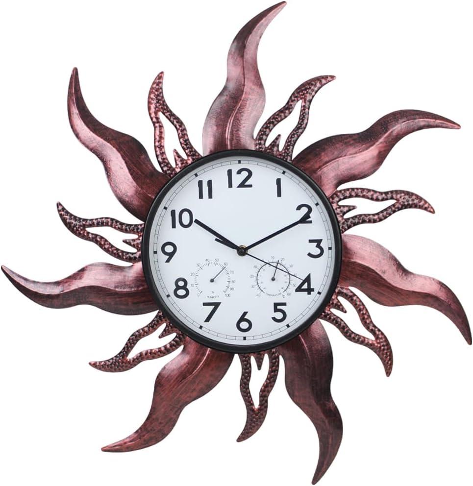 Large Outdoor Clock, Sun Outdoor Wall Clock with Thermometer & Humidity, Silent Non-Ticking Outside Clock for Patio, Living Room, Kitchen(Brown)