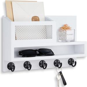 Key Holder for Wall, Mail Organizer Wall Mount with Storage Compartment and 5 key Hooks for Coat, Dog Leash, Stylish Mesh Mail Holder, Home Decor Entry Way Organizer (White)