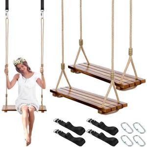 Hollowfly 2 Pcs Wood Swing Seat Carbonized Hanging Wood Tree Swing Adjustable Anticorrosive Waterproof 440lbs Load Indoor Outdoor Backyard Play, 24 x 6.3 x 1.42 Inch (Classic Style)