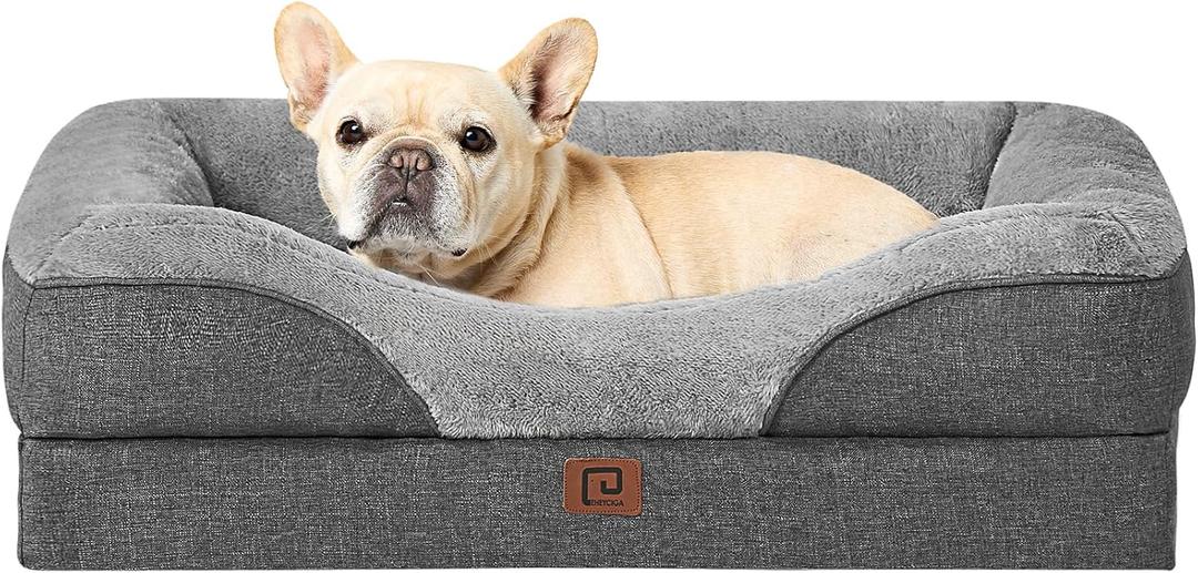 EHEYCIGA Orthopedic Dog Bed for Medium Dog, 30x20x6.5 Inch Memory Foam Dog Couch Bed with Sides, Waterproof Liner & Washable Removable Cover, Bolster Pet Sofa, Grey