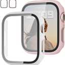 2 Pack Case with Tempered Glass Screen Protector for Apple Watch Series 6/5/4/SE 44mm,JZK Slim Guard Bumper Full Coverage Hard PC Protective Cover HD Ultra-Thin Cover for iWatch 44mm,Pink+White
