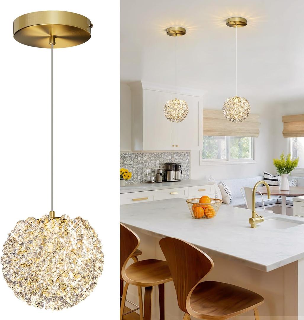 3-Light Gold Crystal Pendant Lights Modern Gold Ceiling Hanging Pendant Lamp Mini Crystal Chandelier for Kitchen Island Dinning Room Living Room Hallyway Porch Bedroom Lamp