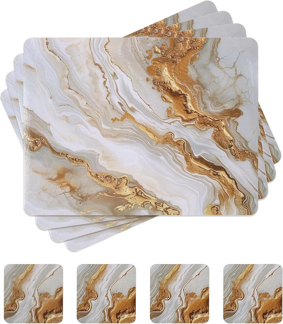 fanquare Hard Cork Placemats and Coasters Set of 4 with Marble Pattern Design Easy to Clean Abstract Artistic Placemat for Dining Table Dcor, Gold Sand (Rectangular, White)