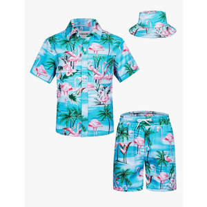 TUNEVUSE Little & Big Boys Hawaiian Button Down Shirts and Short Sets with Bucket Hat Summer Outfits Printed Kids Cabana Set, 3-4Y