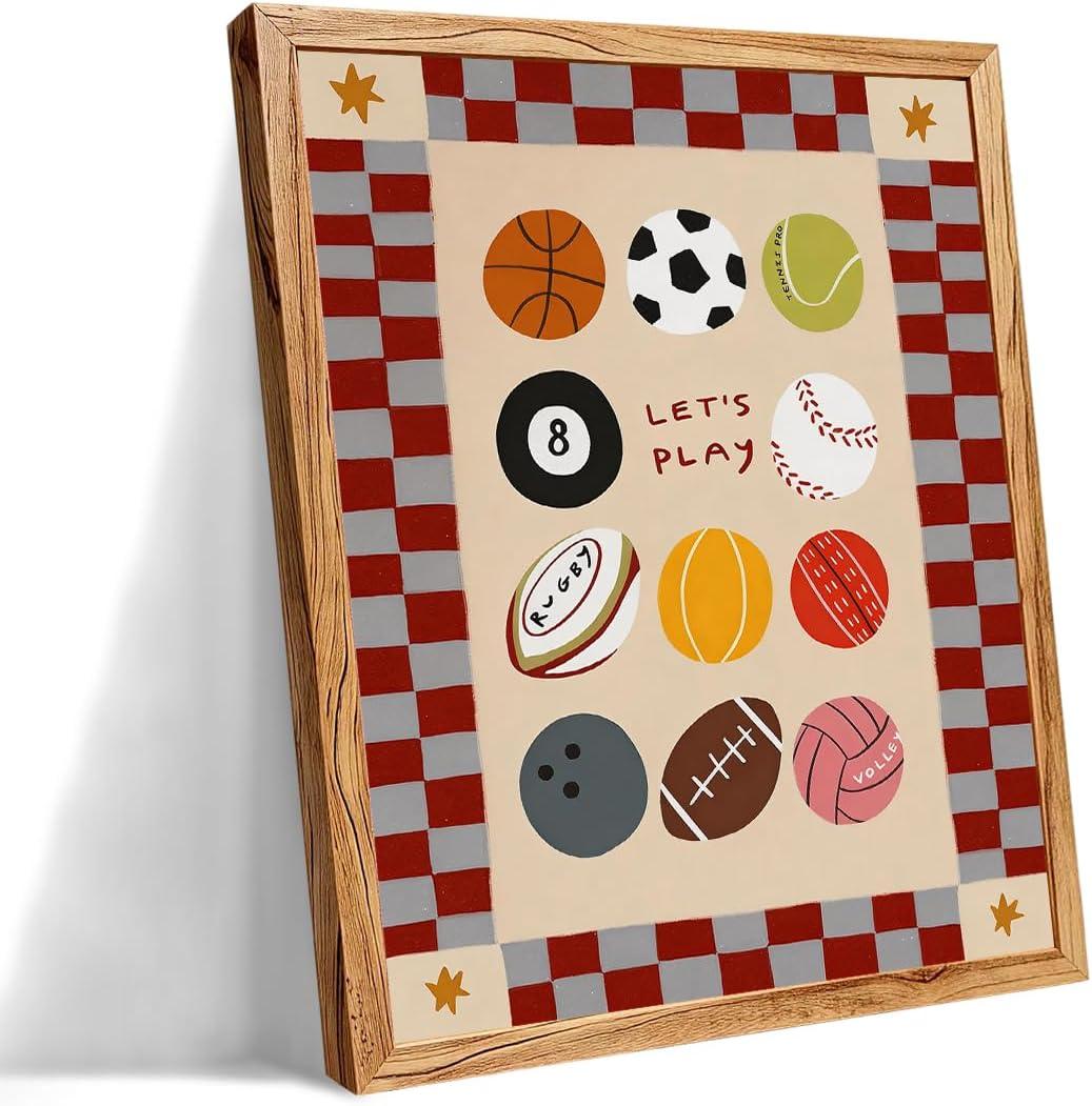 Framed Let's Play Sports Balls Canvas Wall Art 08x10 inch Vintage Checkered Sports Themed Poster Trendy Kids Room Decor for Nursery Bedroom Playroom