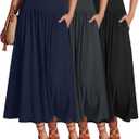 Ficerd 3 Pack Maxi Long Skirts for Women, Ankle Length High Waisted Pleated Flowy a Line Summer Casual Skirts with Pockets(Black, Dark Gray, Navy Blue,Large)