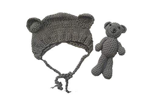 Newborn Baby Crochet Knit Costume Photography Prop Baby Bear Hat and Doll Set (Grey)